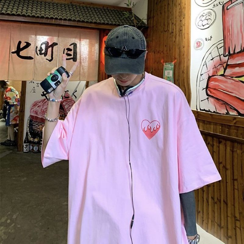 Áo thun tay lỡ hình tim lửa