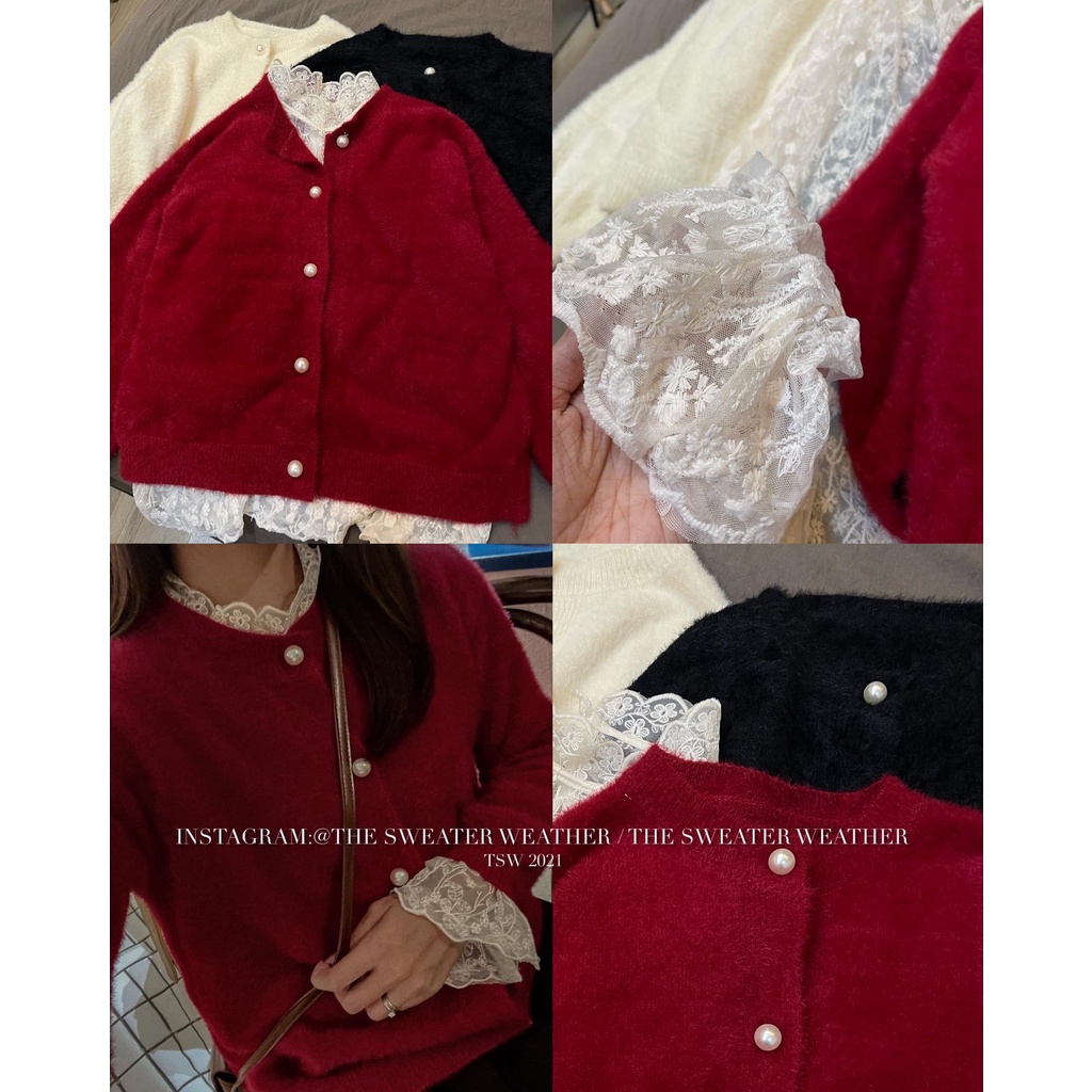 (Ảnh thật) Set cardigan lông thỏ cúc ngọc kèm áo ren tay xoè trắng the.sweaterweather TSW | BigBuy360 - bigbuy360.vn