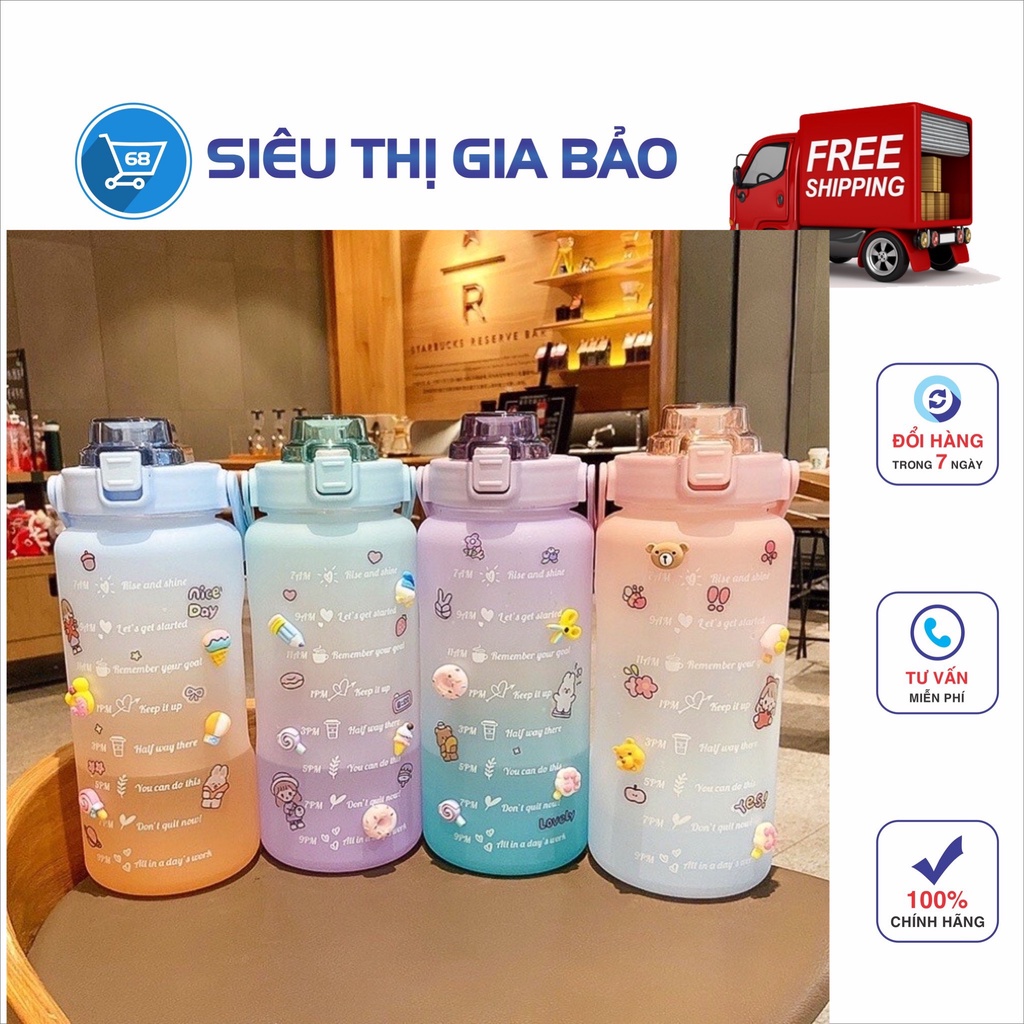 bình đựng nước 2 lít chia vạch cute có ống hút dành cho người lười uống nước tập gym tặng 3 Sticker dễ thương