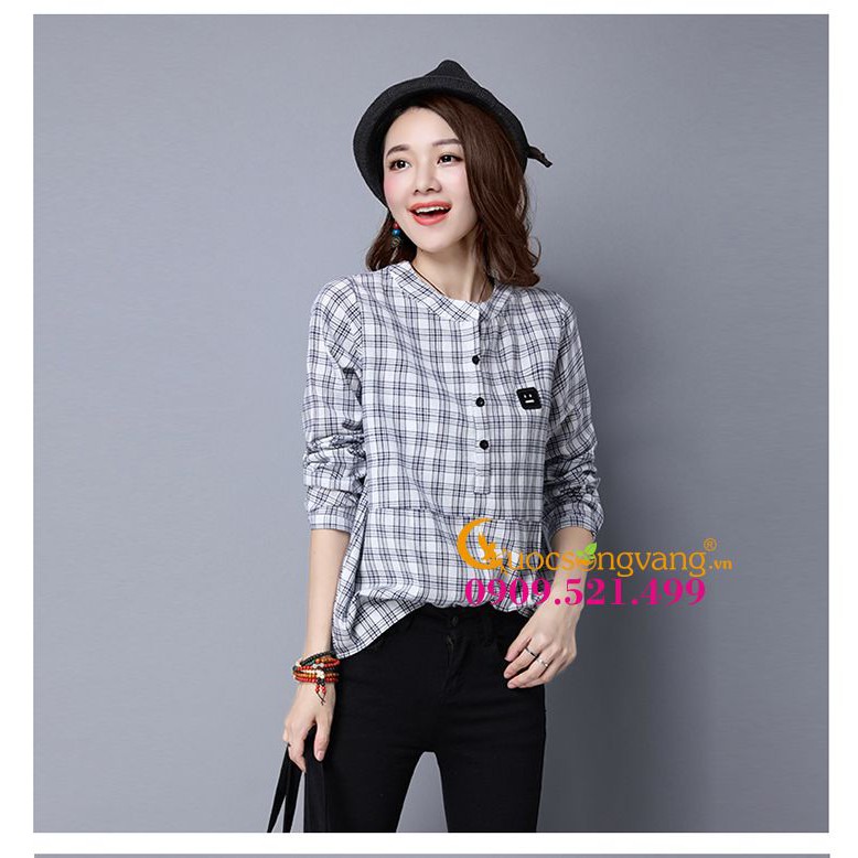 Áo nữ áo sơ mi nữ cổ tròn dài tay cúc cổ kẻ carô gai pha bông GLA046 kẻ trắng Cuocsongvang