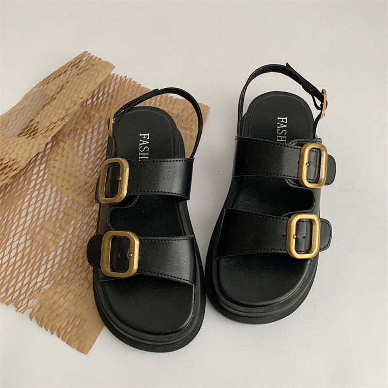 Giày Sandal Nữ Ulzzang bản cao cấp - Giày quai hậu nữ hai quai khuy vàng mẫu mới đi học mang áo dài