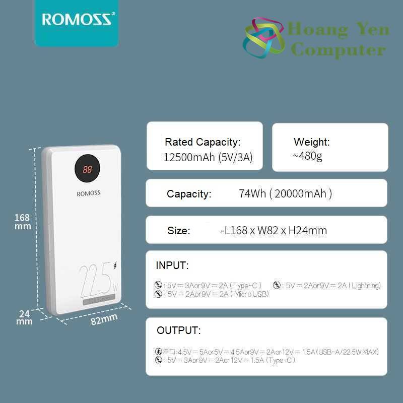 Sạc Dự Phòng Romoss PHO20 PF 20000Mah (Sạc Nhanh QC3.0 18W, 22.5W, PD 18W, VOOC 2.0) - BH 1 Năm - Hoàng Yến Computer