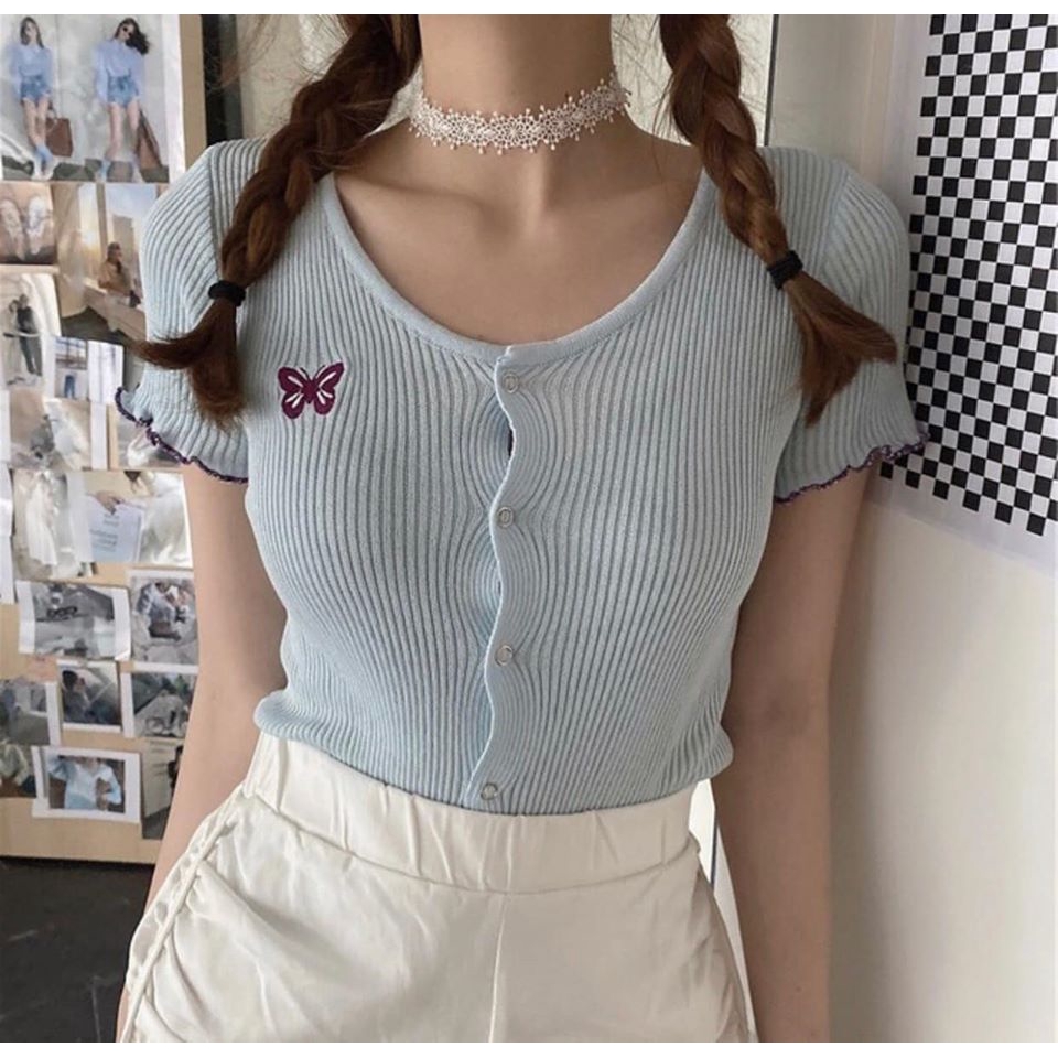 [HÀNG SẴN] Áo croptop len gân ngực thêu bướm xinh nhiều màu (ảnh thật cuối)