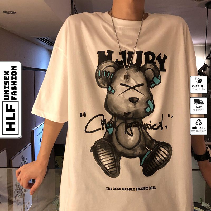 Áo phông nam HLFashion tay lỡ unisex form rộng Gấu NJURY thun oversize nam nữ ulzzang