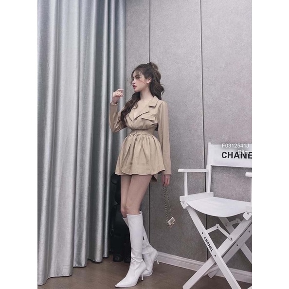 Đầm lụa cổ vest nhún eo phối khóa kéo tay dài có lót quần!
