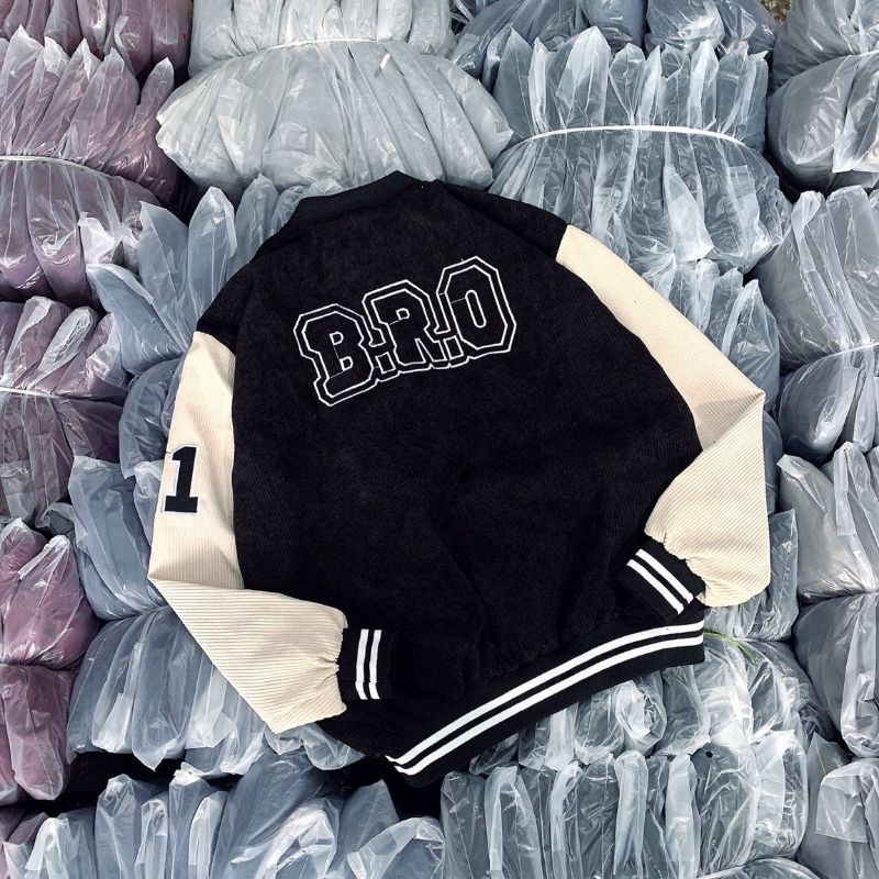 Áo Khoác Bomber Nhung Tăm Thêu Chữ B.R.O 2 Màu Xanh - Đen , Áo Khoác Bóng Chày Form Unisex Nam Nữ