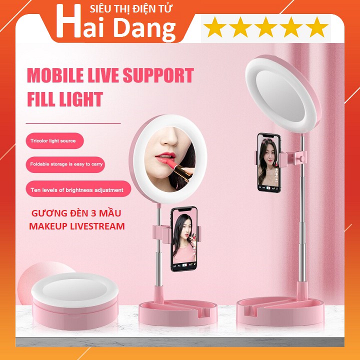 Gương Tròn Trang Điểm, Makeup Có Đèn Led Chỉnh 3 Màu, Tăng Giảm Chiều Cao, Gấp Gọn, Livestream, Tiktok, Bigo