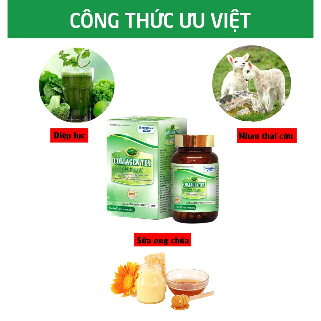 Viên uống Collagen Diệp Lục làm đẹp da, chống lão hóa, ngừa nếp nhăn - 60 viên [Collagen Tex Diệp Lục Chai]