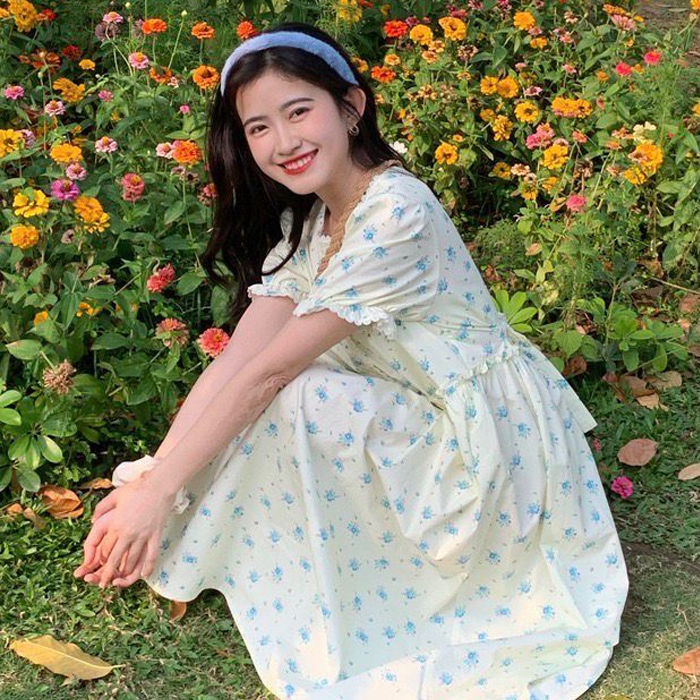 Women's Small Lace Super Floral Dress Student Korean Style Lace-up Slimmer College Style Mid-Length Skirt