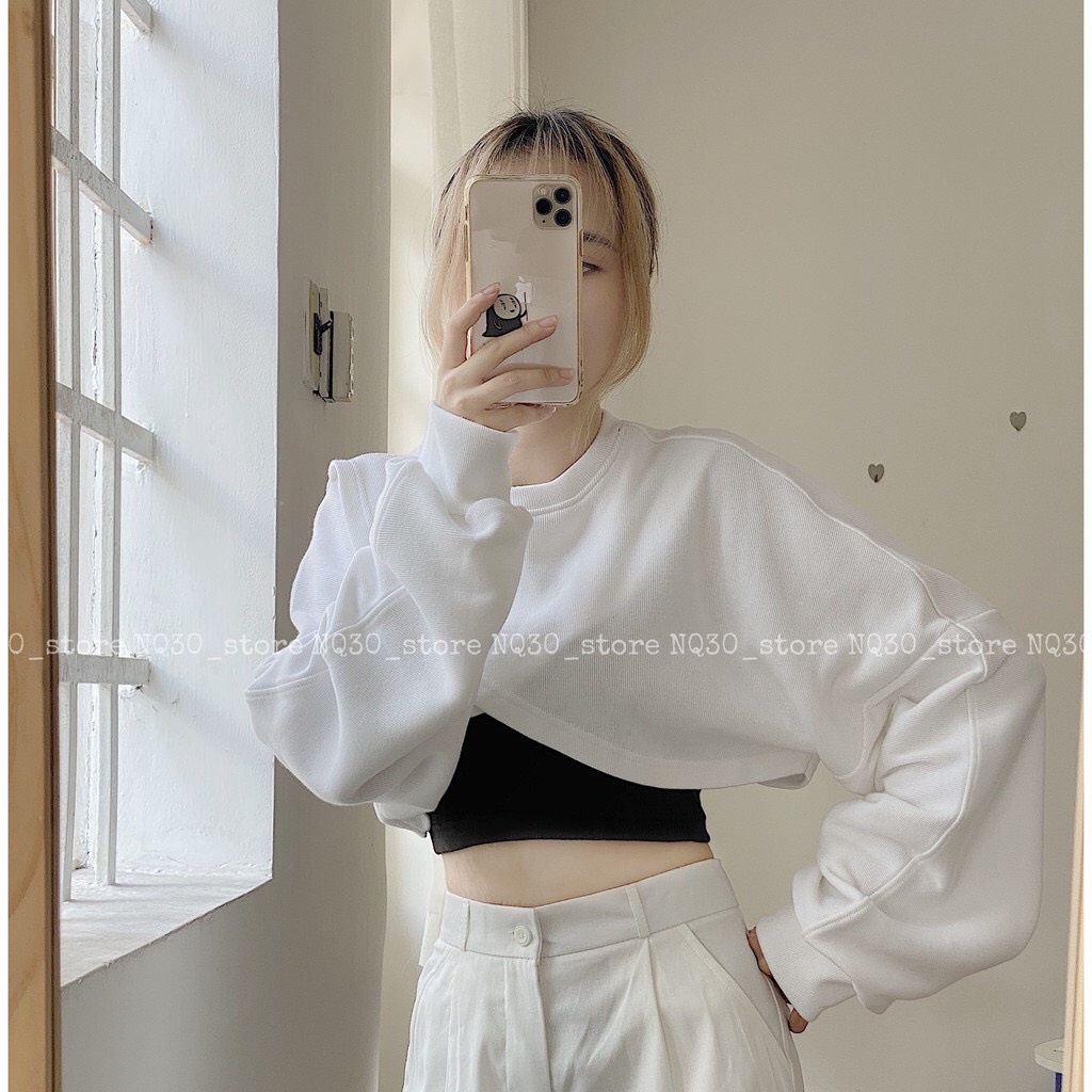 Áo Croptop Nữ Kiểu Tay Dài Phồng Dáng Rộng Đắp Chéo BEE Ulzzang   A08
