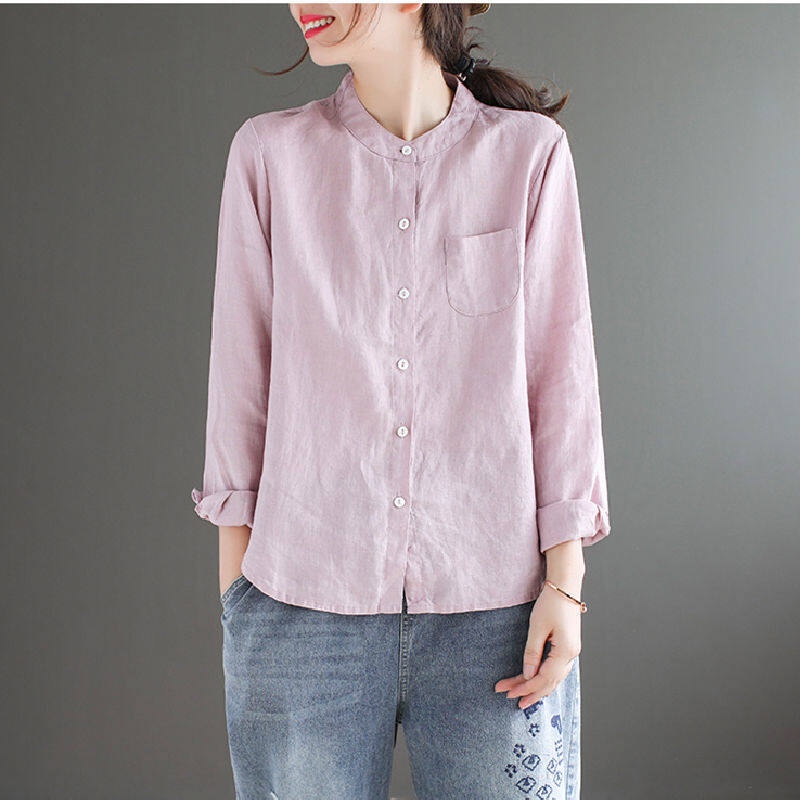 Áo Sơ Mi cotton Lanh Tay Dài Dáng Rộng Màu Sắc Đơn Giản Phong Cách Retro Cho Nữ
