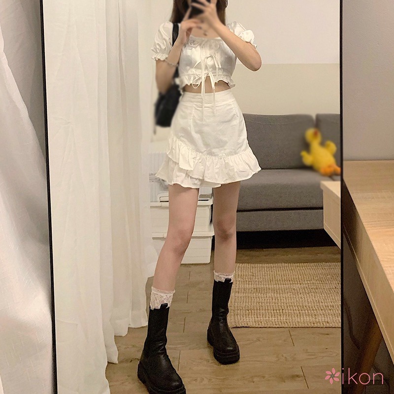 Set Áo Croptop Phối Bèo + Chân Váy Lưng Cao Thời Trang Cho Nữ