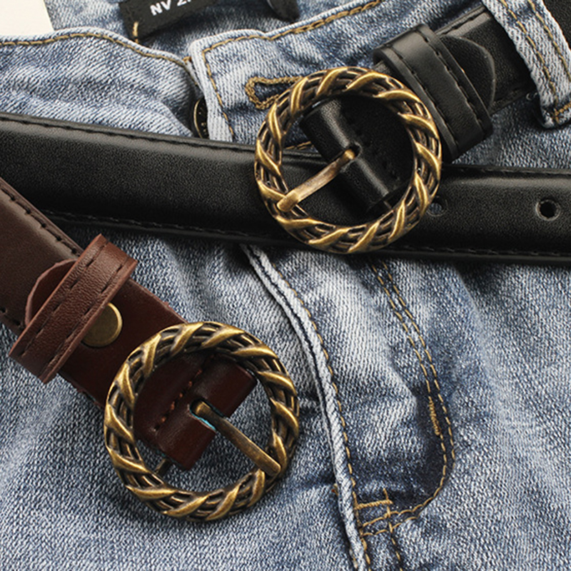 Thắt lưng nữ GJCUTE bằng da khóa tròn màu vàng đen