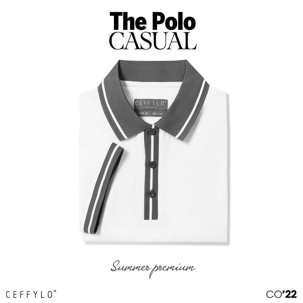 Áo Polo Phối Nẹp , Màu Trắng, Chất Liệu Cotton Thoáng Khí, Form Slimfit - CEFFYLO