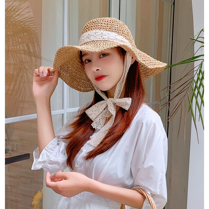 Mũ nón cói QO ACCESSORIES quai ren điệu đà mẹ và bé đi biển mùa hè MU40