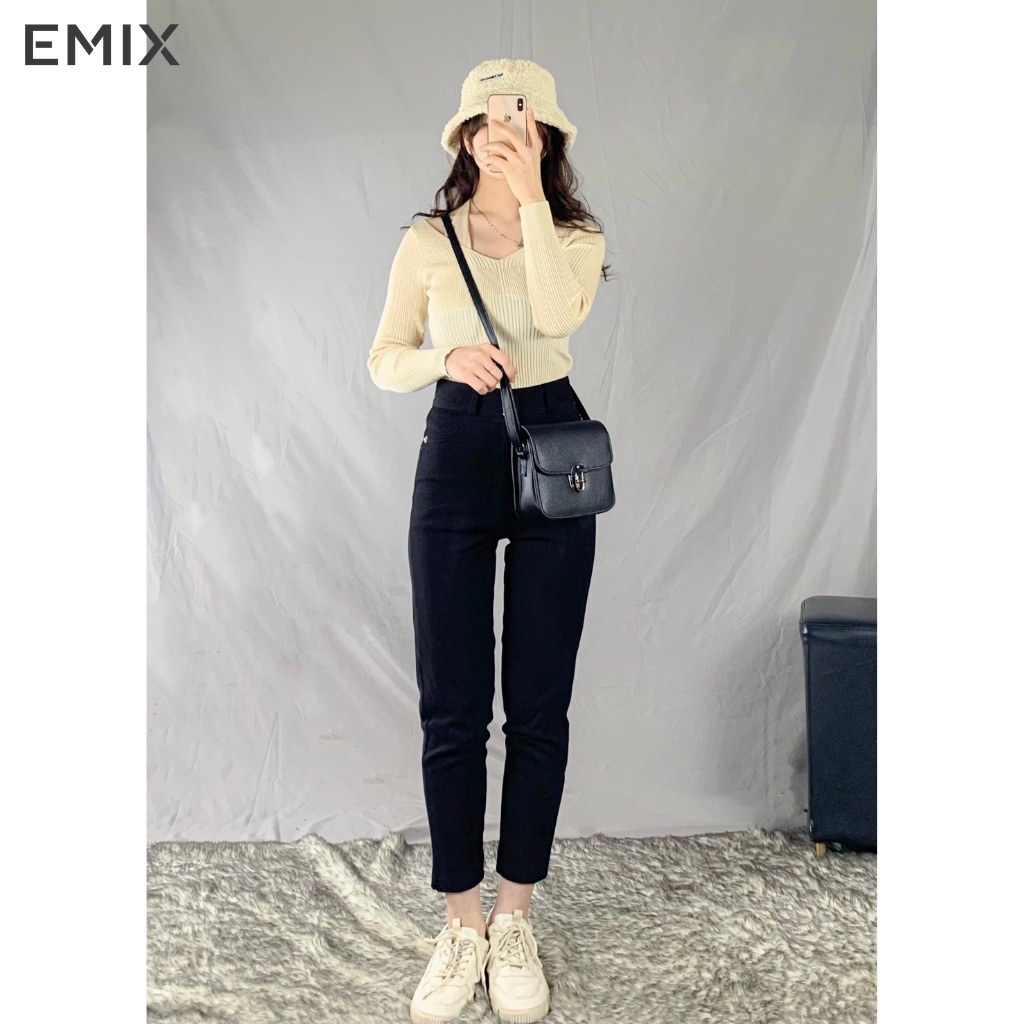 Quần jean nữ cá tính EMIX (màu đen), unisex, dáng dài, cạp cao, 2 cúc, chất jean mềm nhẹ, có co giãn, không bai xù 605