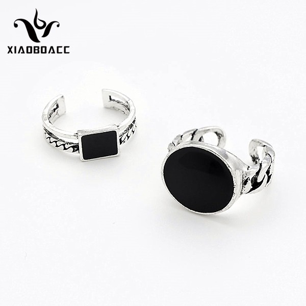 XiaoboACC 2Pcs/Set Nhẫn Họa Tiết Hình Tròn / Vuông Phong Cách Hàn Quốc