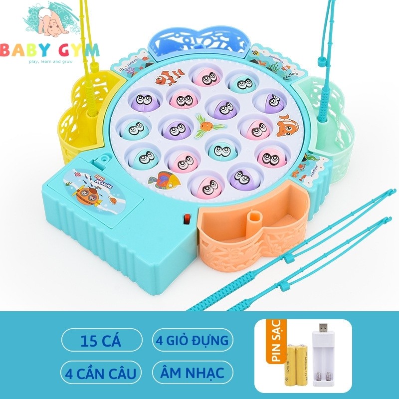 Đồ chơi câu cá cho bé bằng nhựa, nhiều màu, có nhạc, tặng kèm pin - Bộ 15 con cá - BABYGYM