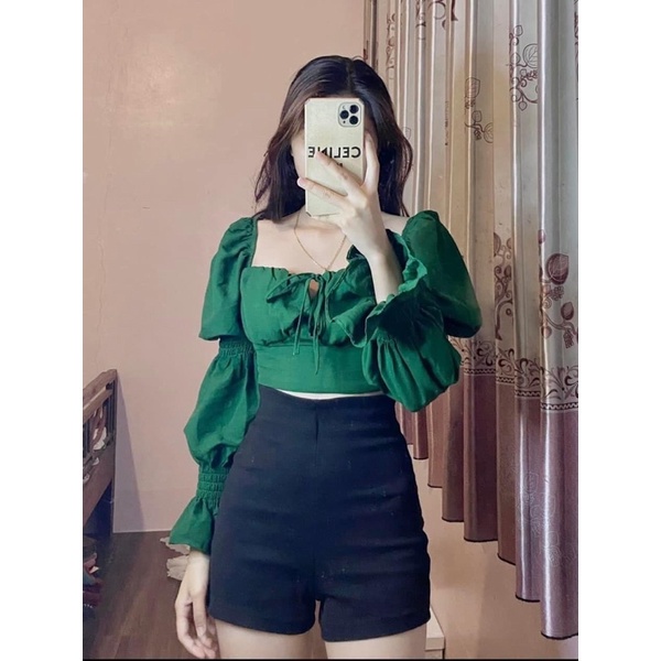 Áo Sơ Mi Đũi Croptop , Áo Kiểu Dáng Ngắn Cách Điệu Màu Xanh Lá Hottrend 2022