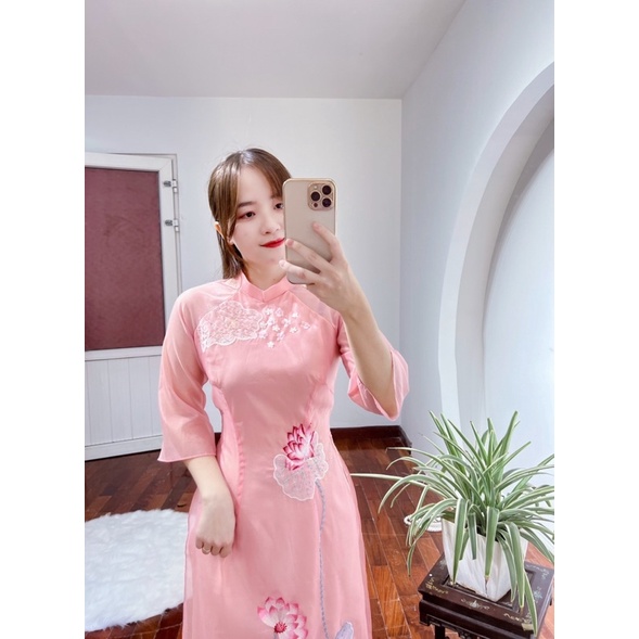 Áo dài truyền thống 4 tà thêu màu tím trắng hồng chất liệu tơ nến thêu hoạ tiết nhẹ nhàng phù hợp đi dạy đi chơi