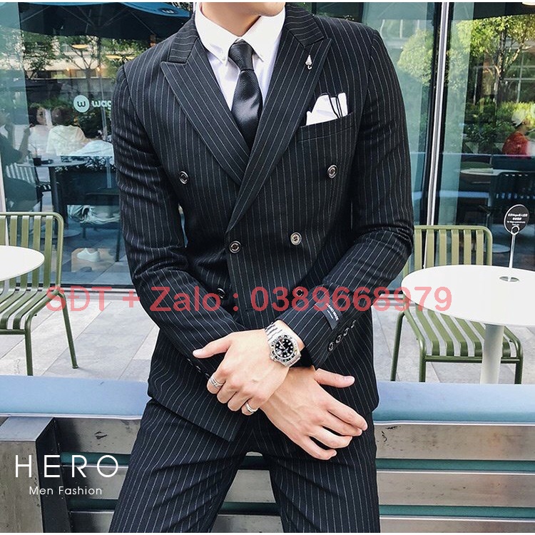 Bộ vest Nam Hàn Quốc Kẻ Sọc Đen, Suit Nam, Bộ Suit Nam Kẻ Sọc