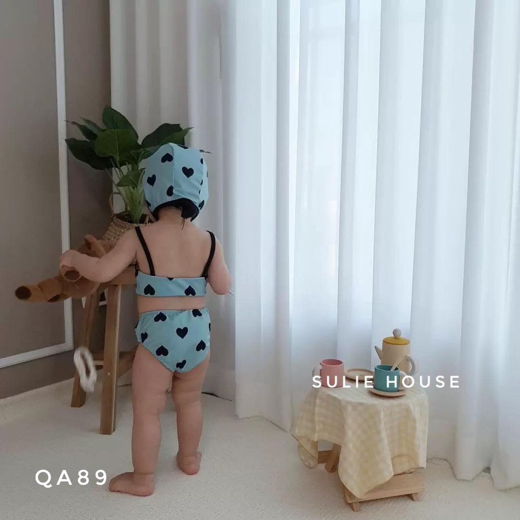Bộ bơi 2 mảnh tim xanh kèm mũ - QA89