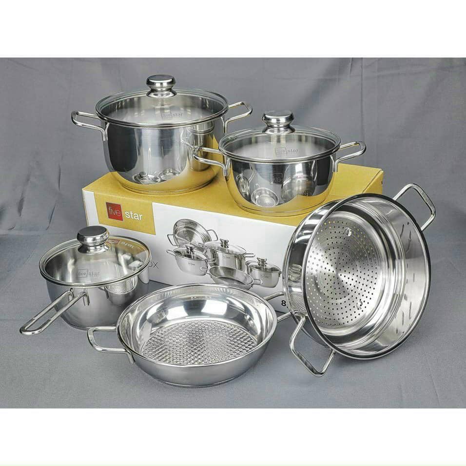 Bộ 5 Nồi Xửng Quánh Chảo 3 đáy Inox 430 Fivestar Vung Kính ✅ Dùng được bếp từ, Bảo Hành 5 Năm