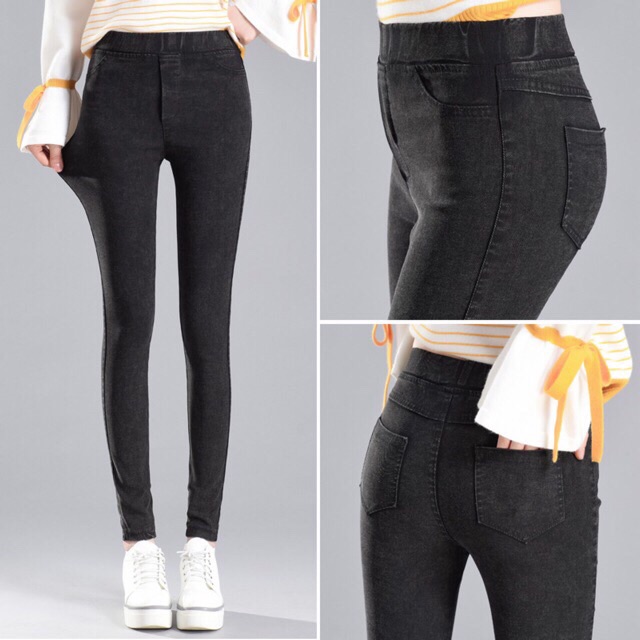 Quần Legging Jean Nữ cạp cao màu nâng mông siêu co dãn/Màu Đen Tuyết