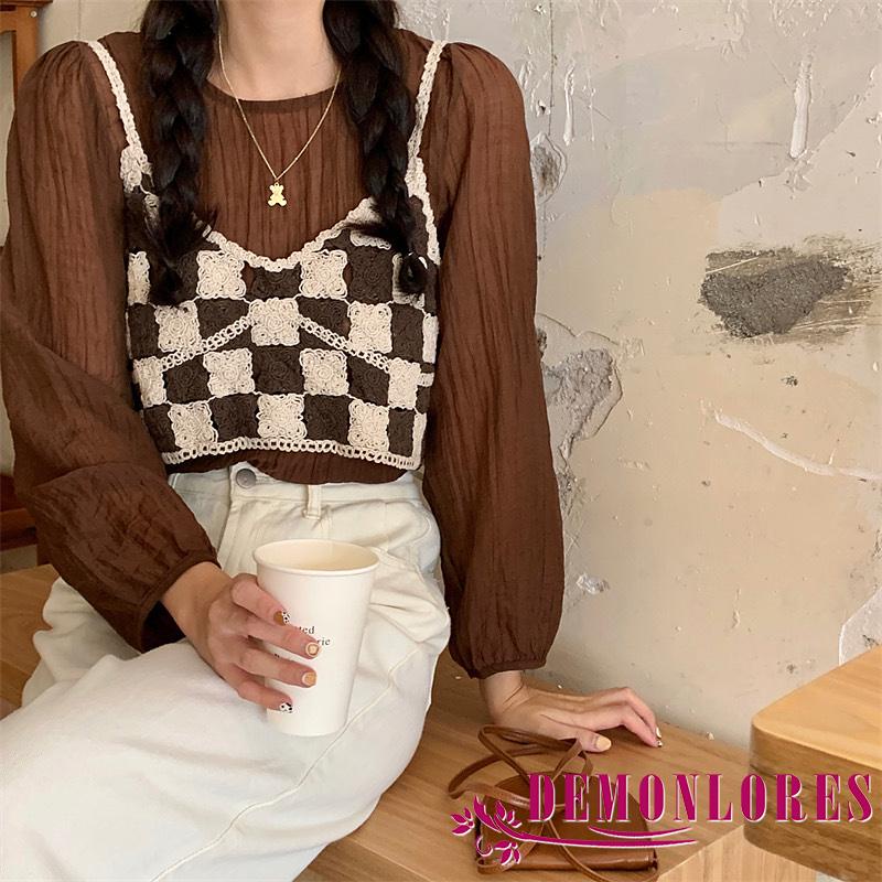 Áo croptop hai dây dệt kim họa tiết sọc caro thời trang quyến rũ dành cho nữ