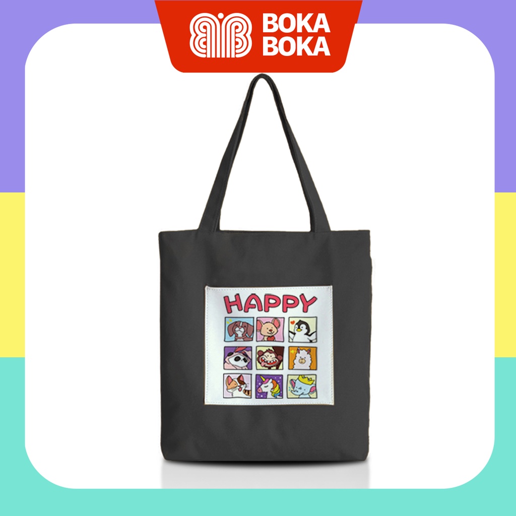 Túi tote vải canvas đen đeo vai phong cách ulzzang có khóa kéo, túi con phía trước Happy