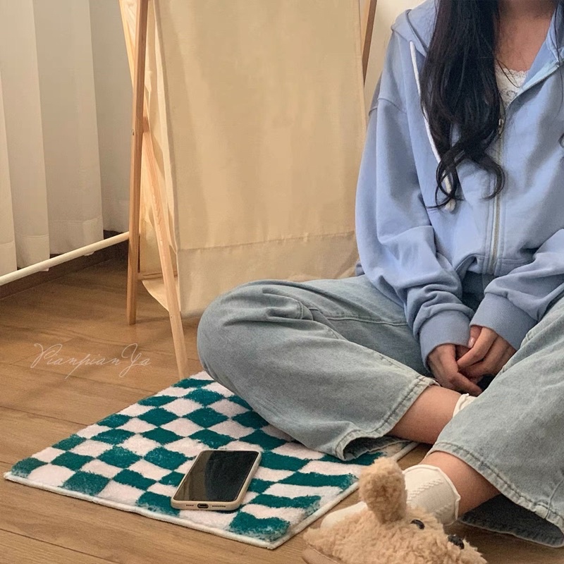 Thảm chùi chân kẻ ô, thảm chùi lông cừu phòng khách - Décor nhà Sò