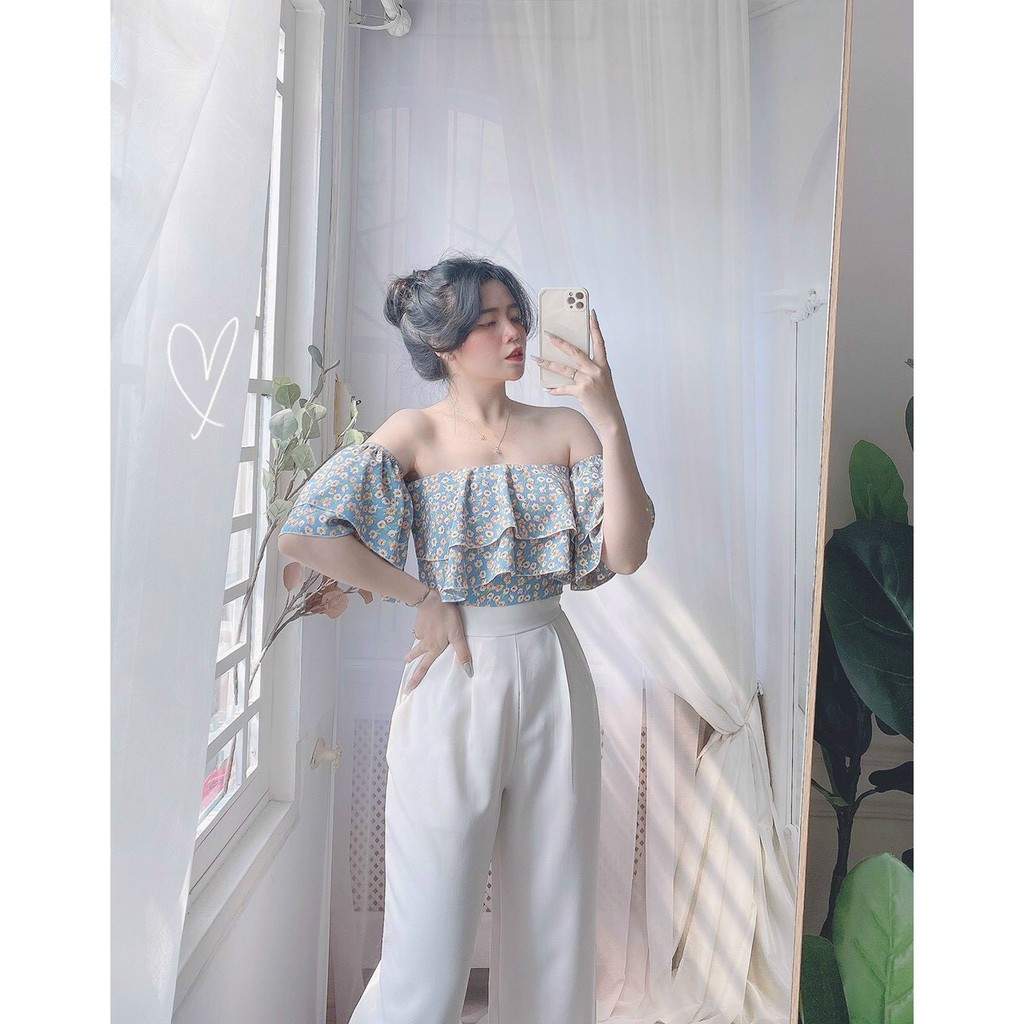 Set áo crop hoa bẹt vai + quần ống rộng  KÈM ẢNH THẬT  BAO KIỂM ❌