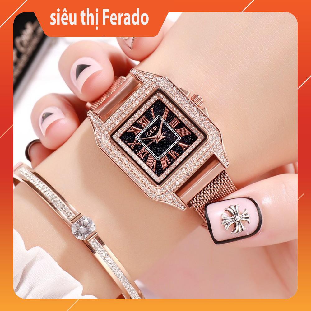 Đồng hồ nữ Gedi 71941 dây thép cao cấp mặt vuông đính đá