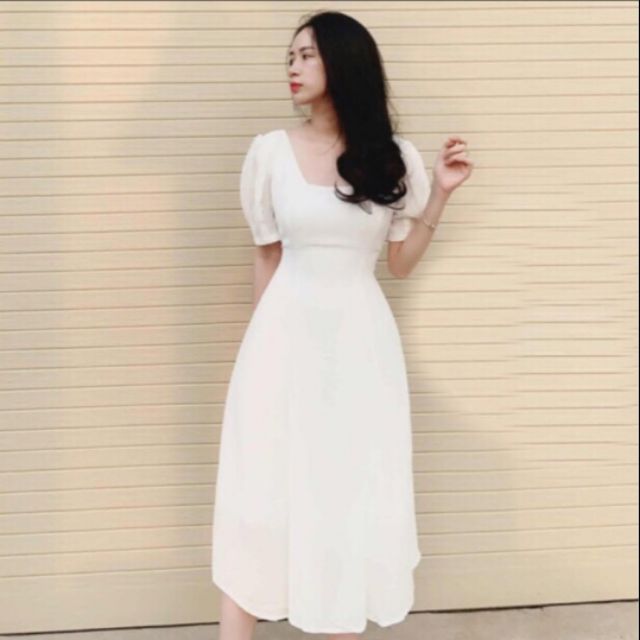 Đầm Trắng Cổ Vuông Nơ Lưng