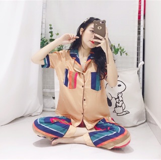 [Xả hàng] Bộ lụa pha màu hoạ tiết áo cộc quần dài