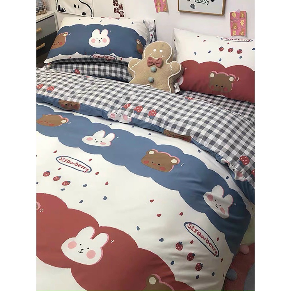 Bộ chăn ga cotton poly M2T Bedding chăn ga Hàn Quốc họa tiết Gấu và Thỏ đủ size miễn phí bo chun