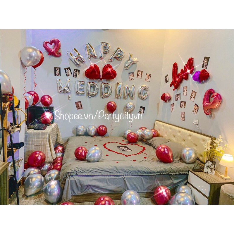 Set trang trí phòng cưới❤️FREESHIP❤️Happy Wedding PC002 (Tặng kèm bơm tay + keo dán bóng)