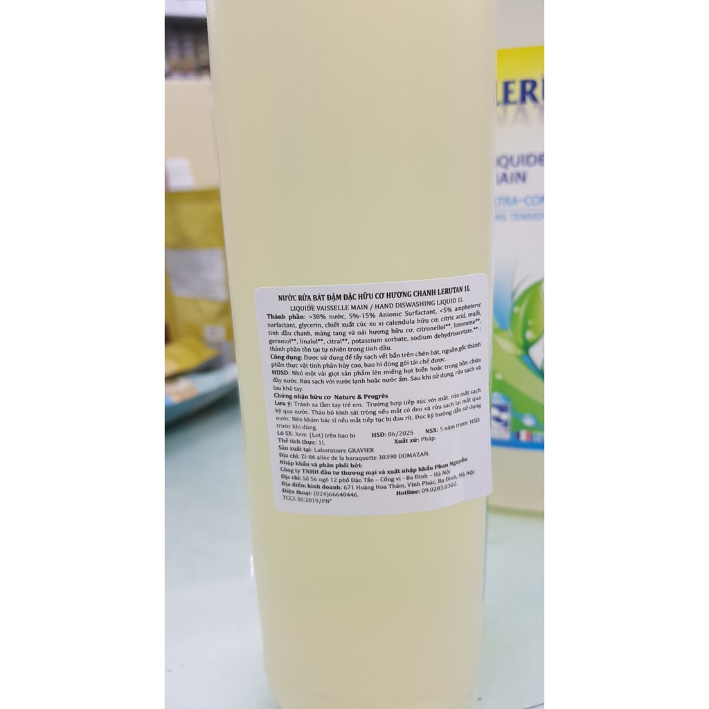 Nước rửa bát đậm đặc hữu cơ hương chanh Lerutan 1l - hương chanh_ Pháp
