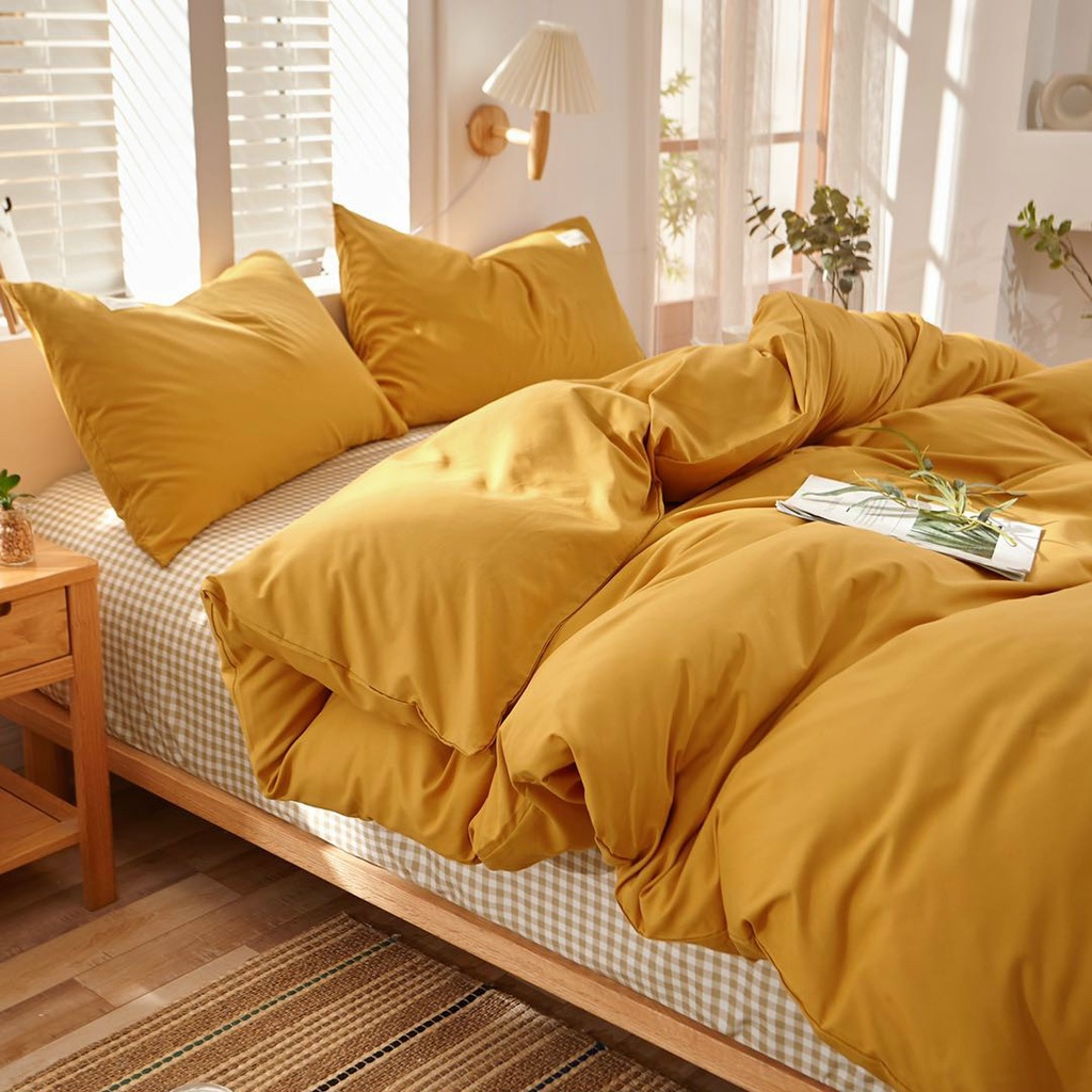 Bộ chăn ga gối cotton tici mix kẻ caro be vải mềm đẹp