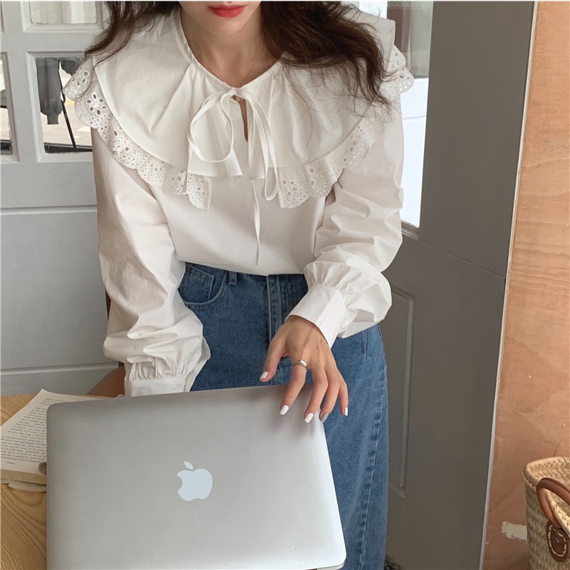 Áo Kiểu Tay Dài Phối Ren Cổ Bẻ 45786