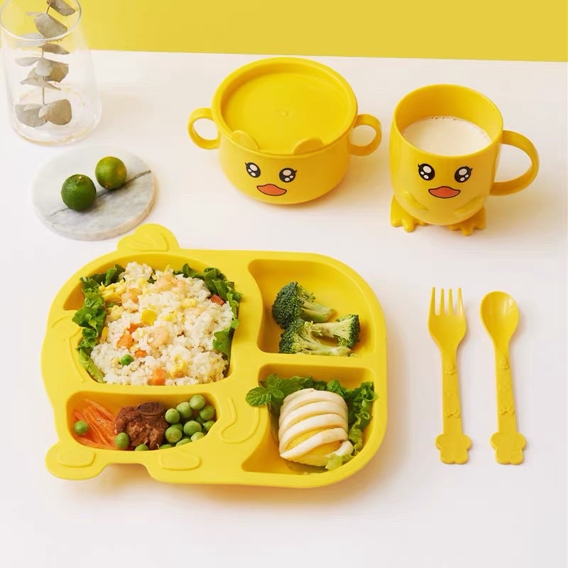 Bộ Khay Ăn Dặm Cho Bé Kèm Cốc, Bát Hình Con Vịt Dễ Thương