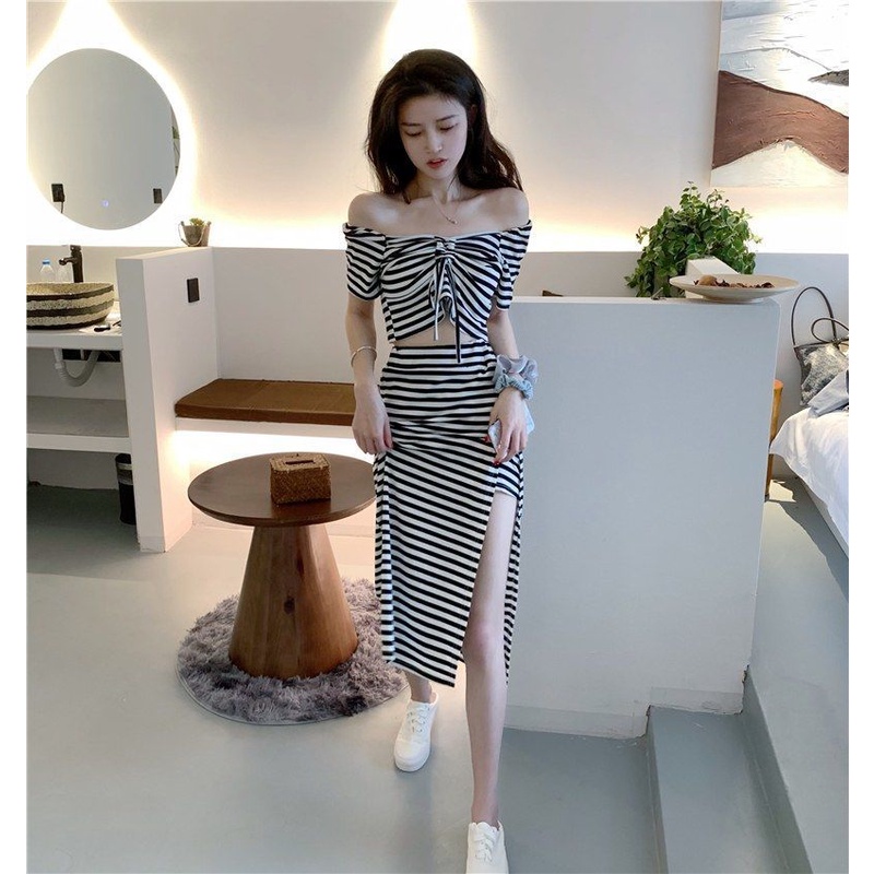 Áo trễ vai và chân váy eo cao IELGY xẻ tà kẻ sọc thời trang retro Hồng Kông gợi cảm cho nữ (có bán lẻ)