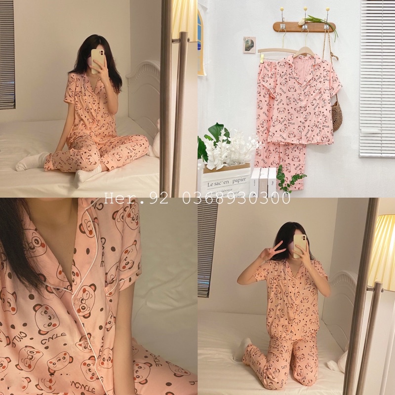 Đồ bộ nữ mặc nhà dễ thương, bộ ngủ hoạt hình cao cấp tay cộc quần dài mùa hè chất đũi lụa tơ Thái