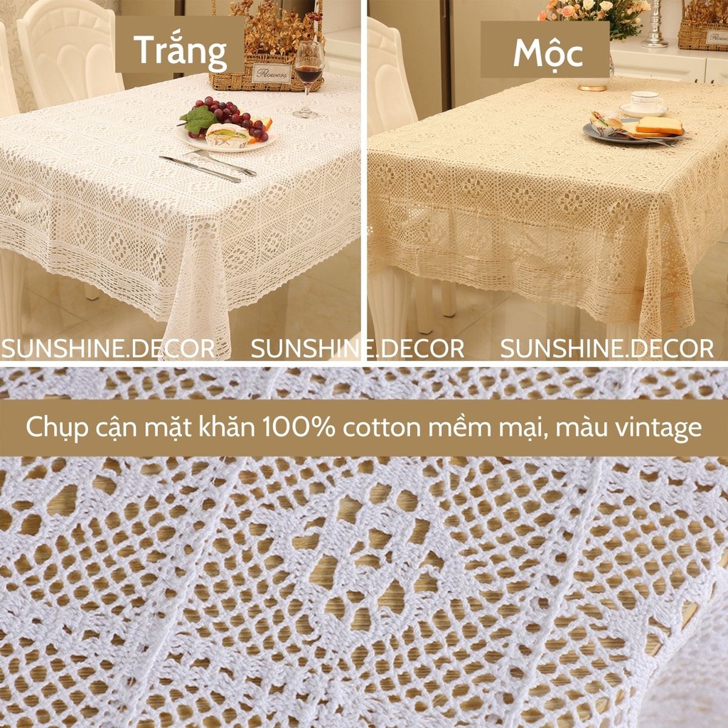 Khăn trải bàn phối ren hoa Vintage màu trắng,ngà phong cách retro-Cotton1