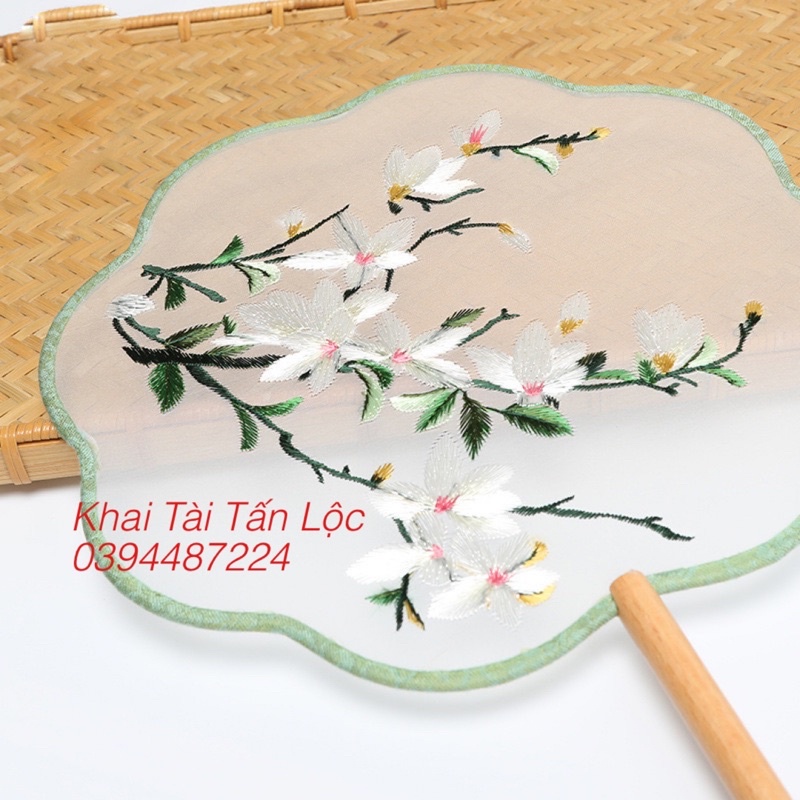 Quạt tròn cổ trang hoa mộc Lan thêu 2 mặt