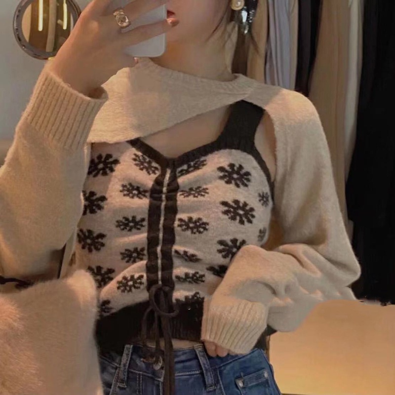 Set Áo Len Tay Dài + Áo Hai Dây Họa Tiết Hoa Thời Trang Hàn Quốc Cho Nữ