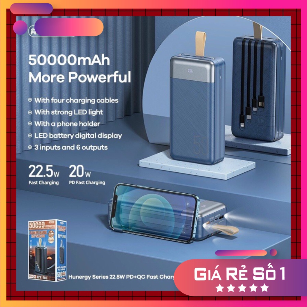 Pin dự phòng sạc nhanh Remax RPP-200 hổ trợ sạc QC3.0 PD 20W tích hợp 04 cáp sạc vào, ra đa năng Max 22.5W