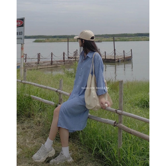 [Ảnh thật/Video]Váy kẻ dáng suông dài tay kèm đai mặc được hai kiểu Đầm kẻ basic Hàn Quốc