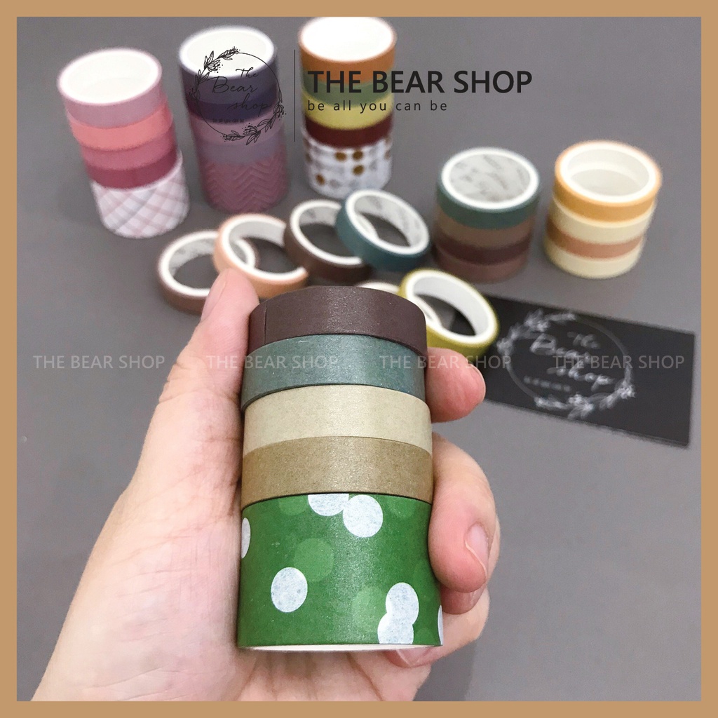 Washi- Combo 5 cuộn băng dán washi họa tiết cơ bản trang trí sổ nhật kí DIY quà tặng 8 tháng 3 - The Bear Shop