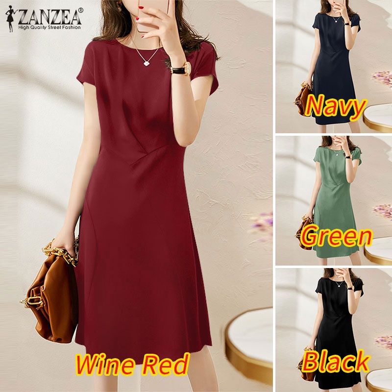 Đầm midi Zanzea tay ngắn có khóa kéo màu trơn thời trang phong cách Hàn Quốc cho nữ